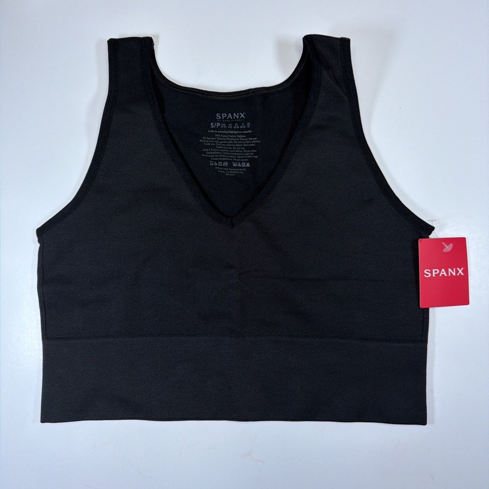 Spanx Seamless Crop Top Womens Small Black V-Neck Sports Bra Tank New 50177R